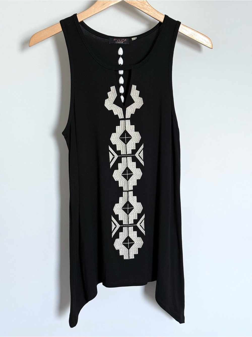 FYLO London Black Embroidered Keyhole Boho Sleeveless Tunic Tank Top